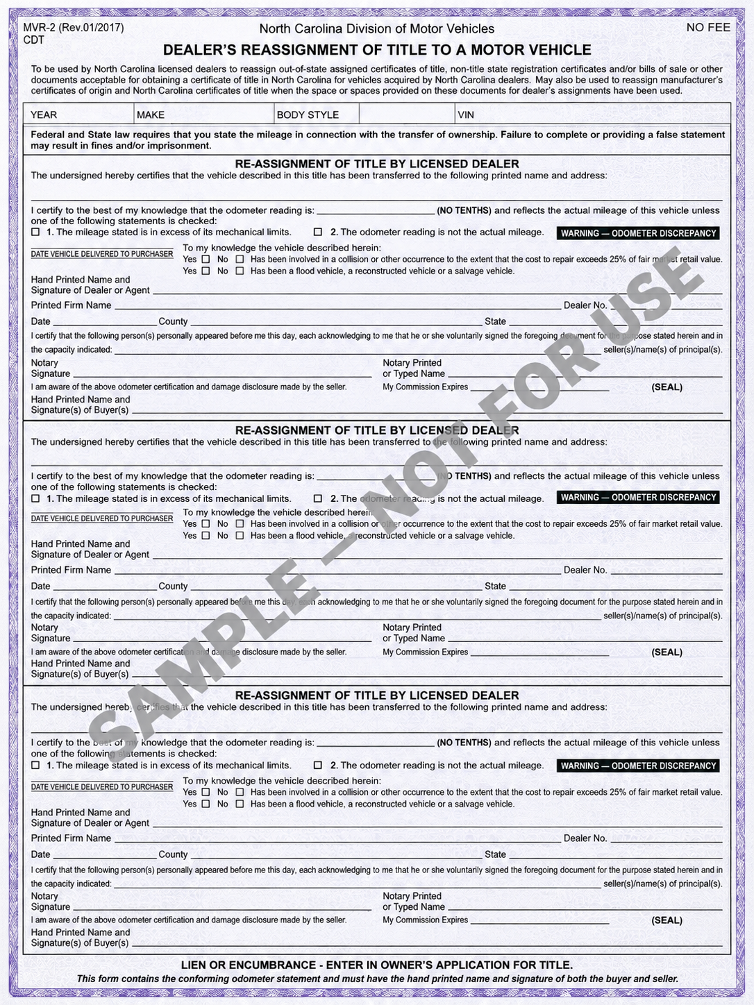 NC MVR-2 Dealer's Title Reassignment Form